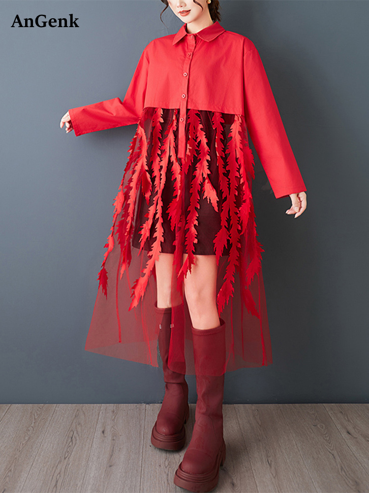 Women'S Red Formal Wear - Mesh Patchwork Rode Vintage Shirt Jurken