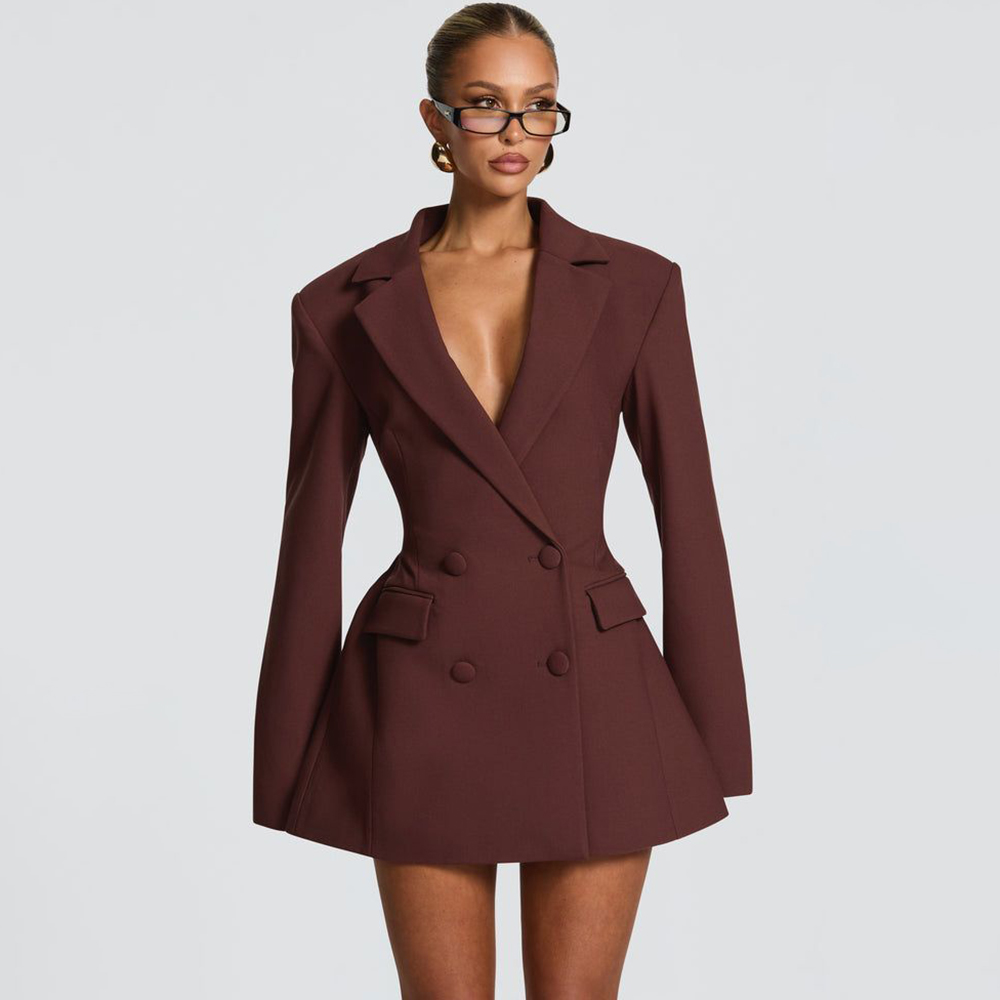 Women Formal Wear Blazer Set - Elegante bruine dames blazerjurk met wijde