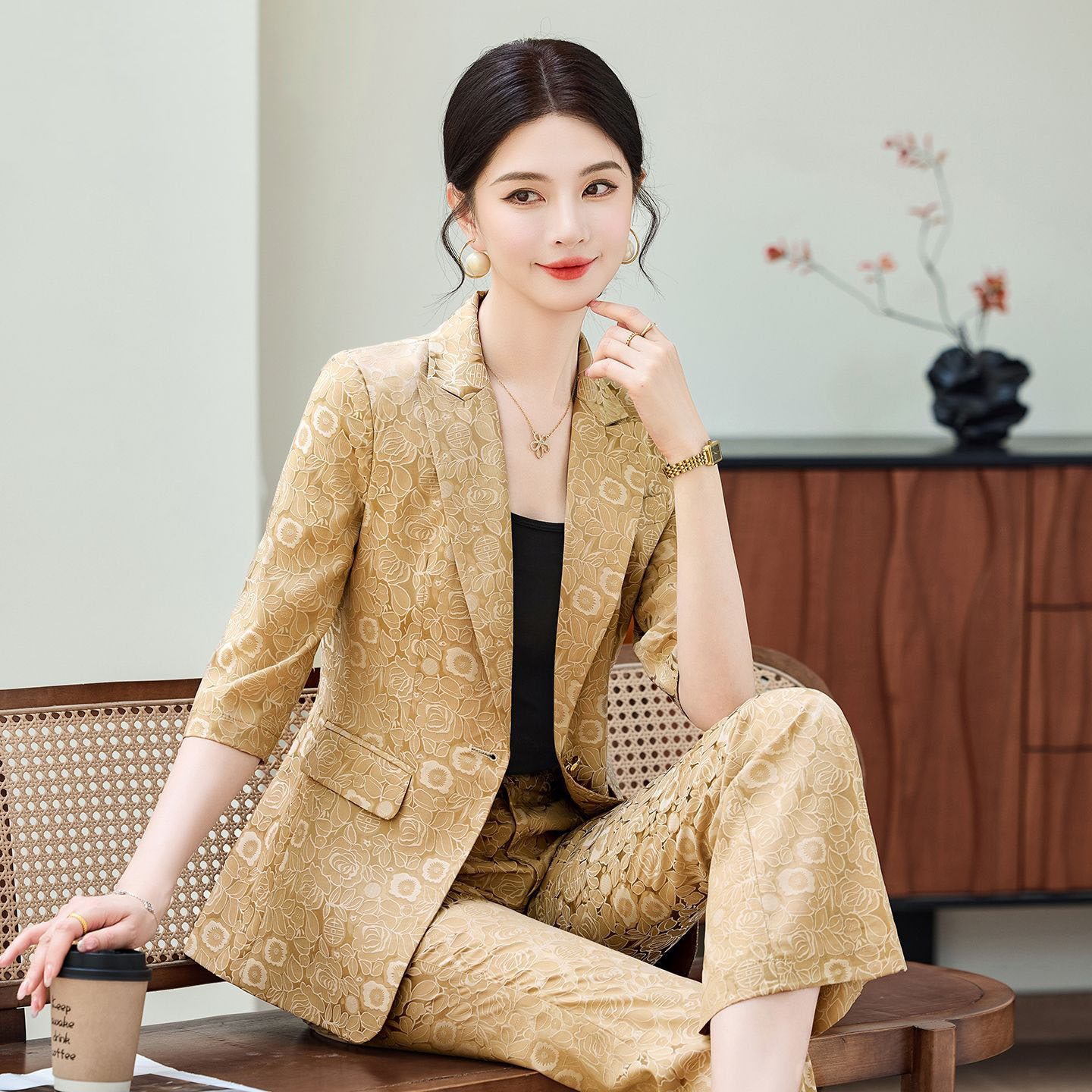 Women Formal Wear With Blazer - Mode Abrikoos Half Mouw Professioneel Pak