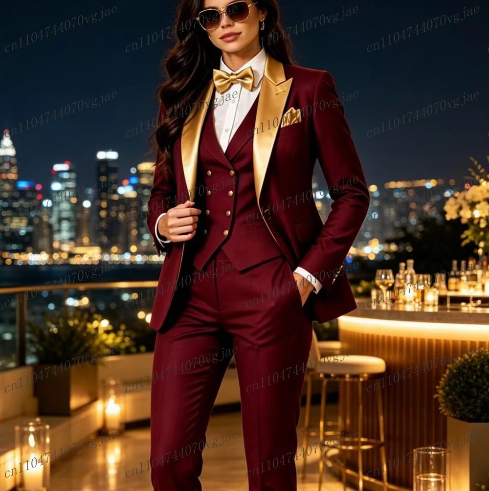 Blazer Set Women Formal - Gouden kraag en bordeauxrood formeel zakelijk
