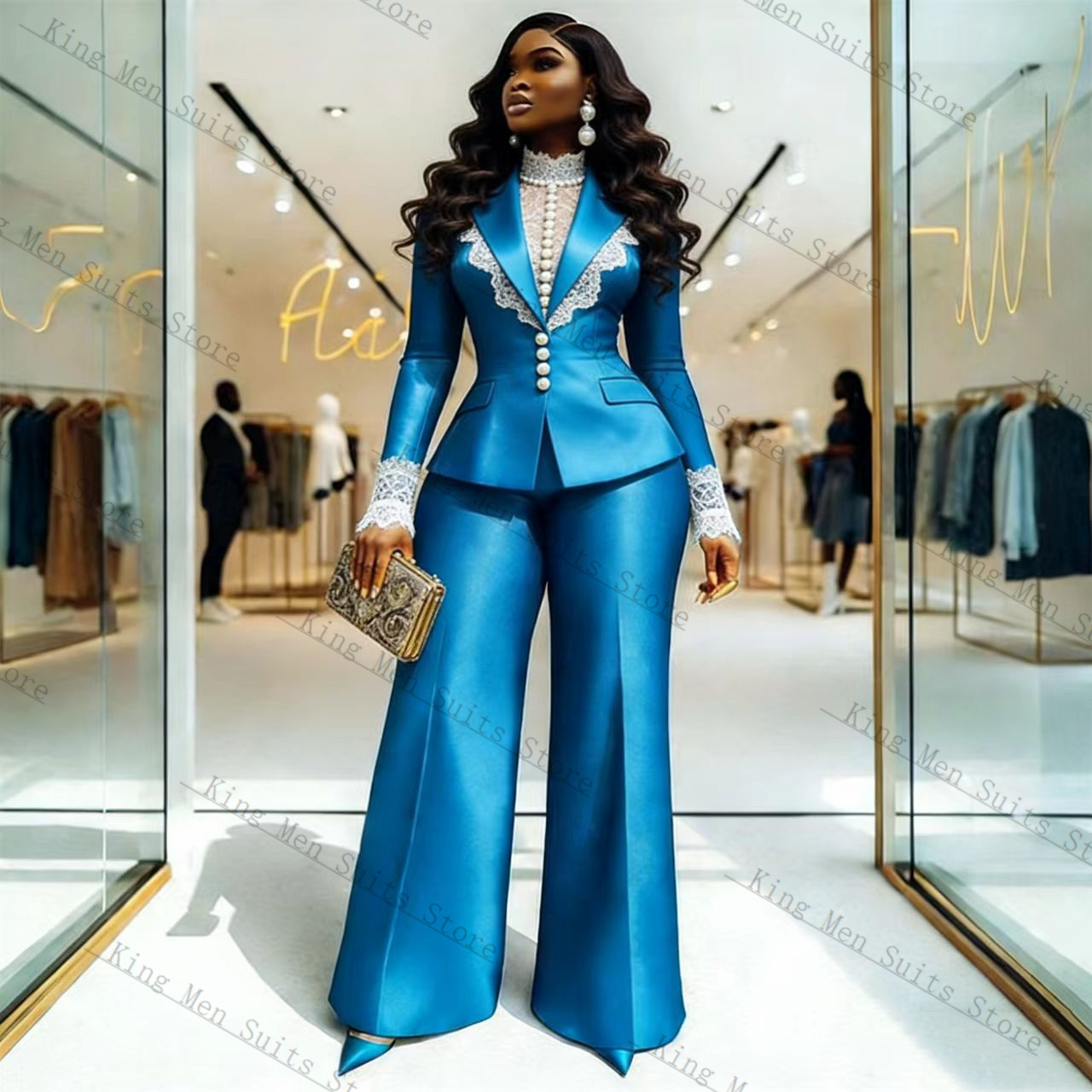 Women Formal Wear Coat - Blauw Satijn Kant Vrouwen Pak Set