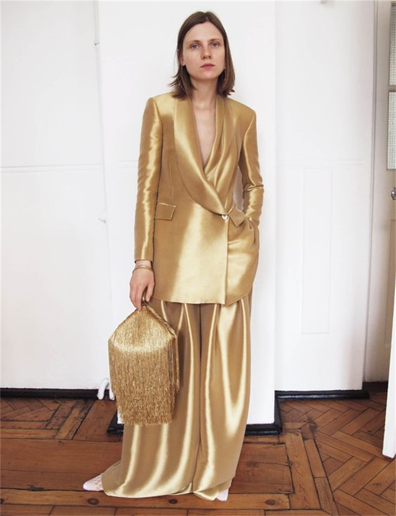 Women Formal Wear Blazer Set - Goud Zijde Satijn Dameskostuums Kantoor Set