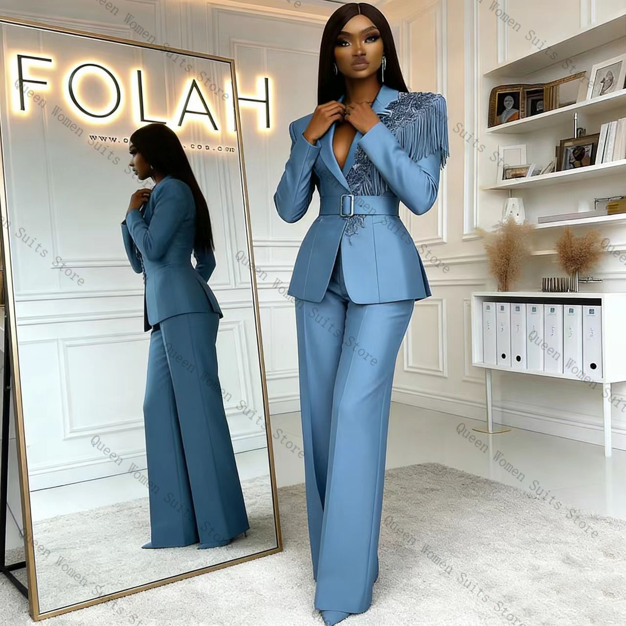 Women Formal Wear Blazer Set - Kwastje Blauw Vrouwen Pak Broek Set