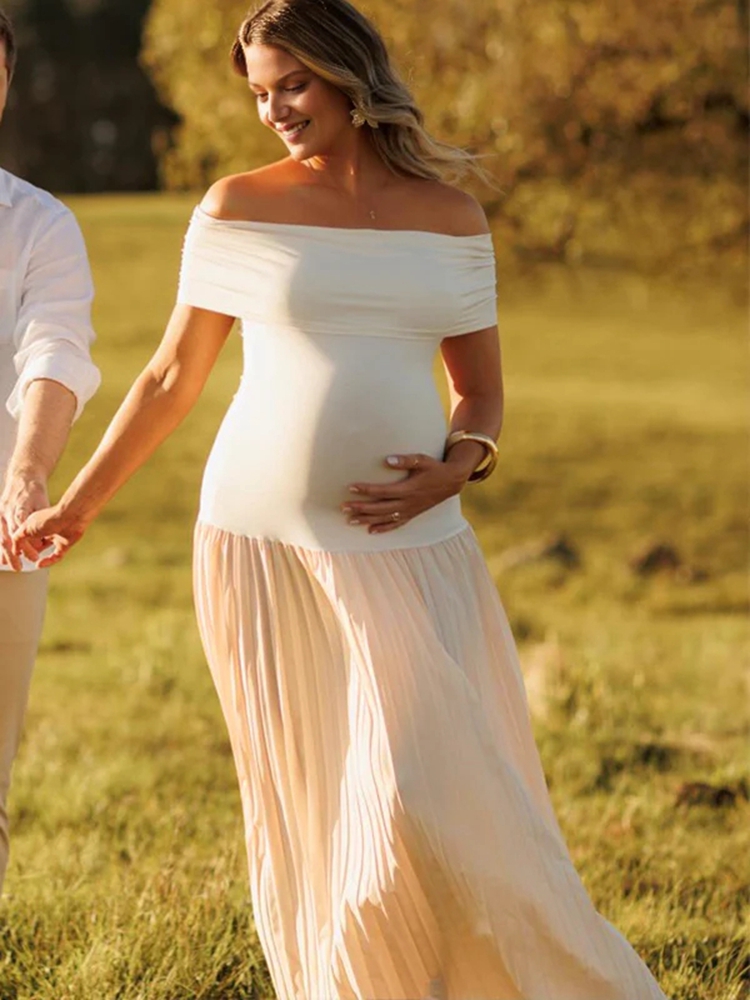 Women Formal Wear Photoshoot - Zwangerschapsfotografiejurk Off-shoulder geplooide maxi-jurk Zwangerschap Fotoshoot