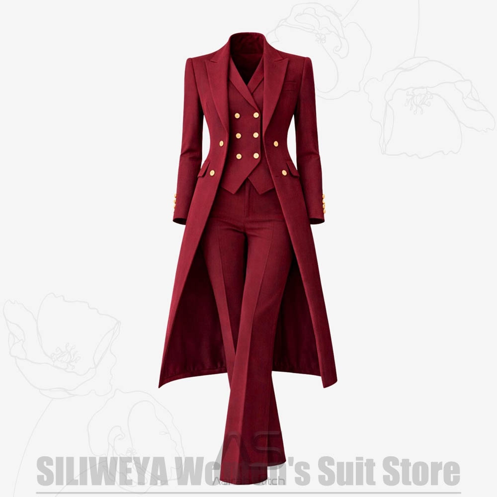 Women Formal Wear Coat - Damespak 3-delig dubbelgeknoopt lange jas vest