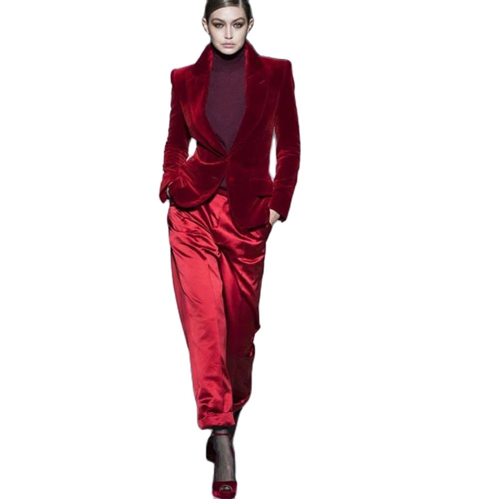 Women'S Red Formal Wear - Vrouwen Broek Past Wijn Rode Fluwelen