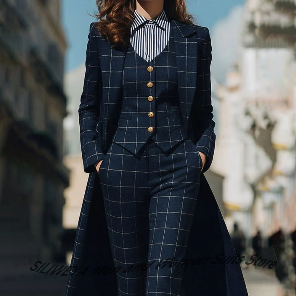 Verfijnde marineblauwe geruite - Women Formal Wear Blazer Set recensie en prijs